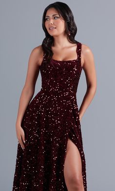 In deep burgundy red, this long sequin prom dress is simply dazzling. Uniquely gorgeous for prom, fancy formals, and other black-tie events, this long designer dress is constructed of soft velvet fabric with sparkly sequins from the neckline to the floor. Supportive shoulder straps lead to the deep v-back of this elegant long formal dress, while the figure-flattering long skirt flows to the floor in an a-line shape. Exclusively at PromGirl, in misses and plus sizes, this elegant burgundy red lon Dark Red Prom Dress Sparkle, Sparkly Burgundy Dress, Deeksha Core, Maroon Prom Dress Burgundy, Glittery Long Dress, Maroon Dress Formal, Red Sparkle Dress, Burgundy Sequin Dress, Red Sparkly Dress