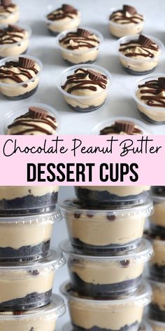 chocolate peanut butter dessert cups are stacked on top of each other and ready to be eaten