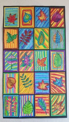 colorful leaves are arranged in squares with different colors and shapes on the paper, as well as