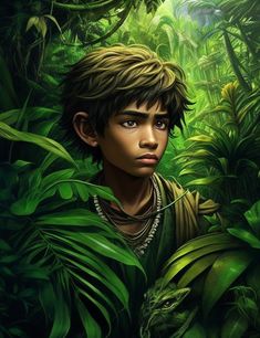 a painting of a boy in the jungle surrounded by green plants and trees with an animal on his chest