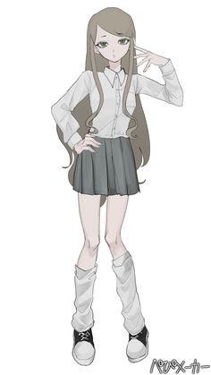 an anime character with long hair and green eyes, wearing a white shirt and black skirt