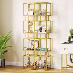 a gold shelving unit in a living room