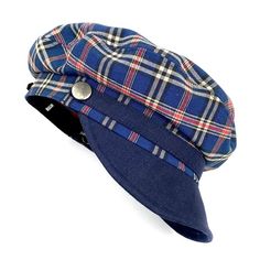 Classic and elegant blue tartan plaid sailor cap. Adorned with a ribbon of the same fabric as the visor and riveted with metallic buttons in old silver color.65 % polyester 35% linen. Cut and sewn on the bias with a quality tartan plaid fabric and finished with a very light cotton lining.The length of the visor is 4.5 centimeters.The back of the cap has a small eco-leather belt to adjust the measurement up to three centimeters less. It adapts very well to the head.For its production we use top q Navy Cotton Brimmed Hat, Adjustable Sailor Style Cap, Adjustable Sailor Cap, Navy Cotton Hat With Short Brim, Casual Blue Cloche Hat With Short Brim, Blue Cotton Flat Cap, Blue Flat Cap - One Size Fits Most, Blue Flat Cap One Size Fits Most, Blue Flat Cap One Size