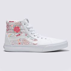 Custom White Vans Sk8-Hi Sneakers with a pattern inspired by embroidery. PLEASE NOTE, THESE SHOES ARE CUSTOM PRINTED, NOT EMBROIDERED.  We buy each pair of blank shoes BRAND NEW from the Vans retail store. The ink is permanent and will never come off. Made in the USA. This price includes everything: shoes, artwork, and shipping.  Sizes listed are in US sizing scale. If you have any issues with your order, please feel free to reach out to us and we will be more than glad to help you! Note: Blvd Custom is in no way affiliated with any of the shoe brands or companies that are featured on our website. Each pair of shoes is ordered lawfully bought at retail price. White High-top Sneakers With Floral Print, Multicolor Embroidered Logo Low-top Sneakers, Multicolor Embroidered Low-top Sneakers, Lace-up Sneakers With Multicolor Embroidery And Embroidered Logo, Multicolor Embroidered Lace-up Sneakers, White High-top Sneakers With Floral Embroidery, White Low-top Sneakers With Floral Embroidery, White Floral Embroidered Low-top Sneakers, White Floral Embroidery Low-top Sneakers