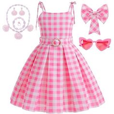 a pink and white checkered dress with matching headbands, sunglasses and accessories