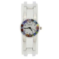 This elegant Murano Glass watch is a unique timepiece featuring beautiful face with crystal made using world-famous Millefiori glass-making technique. Colorful pattern of flowers set against modern chrome-finished bracelet give this watch its trendy artistic look. Our unique Murano watch adds a perfect Venetian accent to your look and works equally well for a weekend at home, a day in the office, or an evening event. Measurements: The face of this Murano glass watch measures 7/8 inch in diameter White Metal Watch As Gift, White Metal Watch For Gift, Red Nail Varnish, Murano Glass Jewelry, Glass Making, Metal Bracelet, Glass Birds, Venice Italy, Metal Bracelets