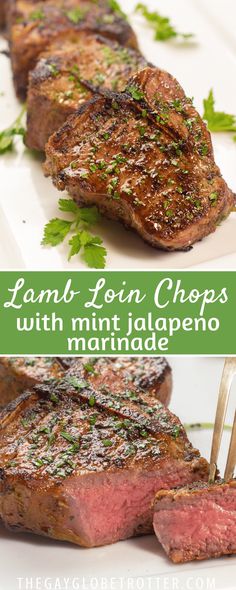 lamb loin chops with mint jalapeno marinade on a white plate