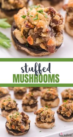 stuffed mushrooms on a white platter with green garnish and text overlay