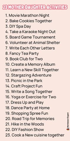 Here's the list of mother daughter activities, Pick any one of the activity to try out today and SAVE THIS PIN 📌 or Download to Try more of these with your daughter. These activities will help you build stronger bond with your daughter. Mom And Daughter Bucket List, What To Do On A Mother Daughter Day, Mommy Daughter Activities At Home, Mother Daughter Things To Do, Fun Mother Daughter Activities, Mommy Daughter Sleepover Ideas