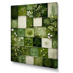 a green tiled wall with flowers and plants on it's sides, in the shape of rectangles