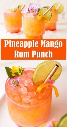 the pineapple mango rum punch is garnished with lime