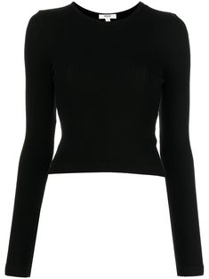 black stretch-cotton fine ribbed round neck long sleeves straight hem Black Ribbed Long Sleeve Crew Neck Top, Fitted Fine Knit Long Sleeve Crew Neck Top, Fine Knit Long Sleeve Top With Minimal Stretch, Black Fine Knit Long Sleeve Crew Neck Top, Black Ribbed Long Sleeve Top For Winter, Fitted Long Sleeve Top With Ribbed Crew Neck, Fitted Black Long Sleeve Ribbed Top, Fitted Black Ribbed Long Sleeve Top, Fitted Black Long Sleeve Top With Ribbed Detail