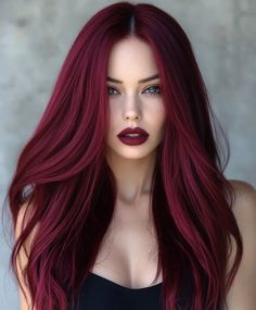 Red Color On Dark Hair, Burgundy Hair With Blue Eyes, Burgundy Hair Makeup Looks, Burgundy Hair Blue Eyes, Bright Burgundy Hair, Burgundy Fall Hair, Hair With Burgundy Highlights, Burgundy Ombre Hair, Trending Dark Hair