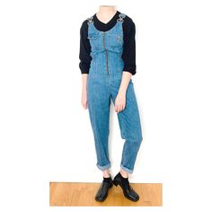 Incredible blue denim overalls with embellished buckles, fitted elasticized waist + front zipper.  Material : 100% cotton Brand : Fioricci Tag Size : XS Best Fit : XS / Size 2 Condition : very good - one tiny bit of yellowing 3/4 of the way down the edge of the zipper stitching - really not noticeable (see last pic) - basically excellent Care : machine wash MEASUREMENTS (taken flat) Shoulder Width : 12" Bust / Chest : 17" | 34" around Waist : 13 - 13.5" | 26 - 27" around Hip : 20" | 40" around T Casual Overalls With Zipper Closure, Casual Denim Jumpsuit With Zipper Closure, Trendy Denim Jumpsuit With Zipper Closure, Casual Blue Denim Jumpsuit With Belt Loops, Casual Denim Jumpsuits And Rompers With Zipper Closure, 90s Denim Overall Jumpsuit, 90s Style Denim Overall Jumpsuit, Denim Jumpsuit Overalls, Blue Denim Overalls