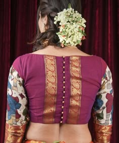 Pink Kalamkari Blouse, Blouse Back Button Designs, Narayanpet Blouse Designs, Front And Back Blouse Designs Latest, Potli Button Neck Designs, Blouse Front Neck Designs, Pattern Blouse Designs, Traditional Saree Blouse Designs, Cotton Blouse Pattern