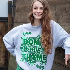 Super-soft women's sweatshirt with “Don't Waste My Thyme” slogan in 70s style print. Let the good thymes roll in this plant-lovin' slogan sweater. Makes a fun gift for your best bud or treat yourself.All Batch1 products are lovingly designed, printed and packed by hand in the UK at Batch1 HQ.Our garments are made to order to minimise wastage and printed using water-based, eco-friendly inks.We are committed to creating on-trend, environmentally friendly, ethically-made garments that contribute to Ice Cream Slogans, Womens Christmas Jumper, Slogan Sweater, Flock Print, Women Slogan, Slogan Sweatshirt, Best Bud, Botanical Beauty, 70s Style