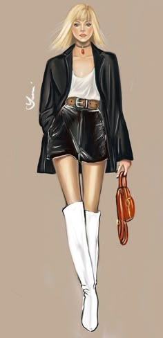 a drawing of a woman in black leather shorts and white boots holding a brown purse