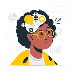 a woman with glasses has gears in her hair and is looking at the light bulb above her head