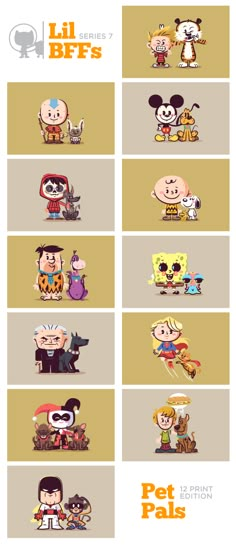 an image of some cartoon characters in different colors and sizes, with the words pet pals on them