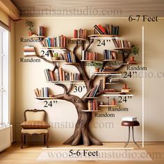 a tree with bookshelves on it is labeled in the size and height chart