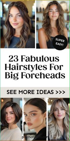 Discover flattering hairstyles to complement a large forehead. Learn how to style your hair in a way that enhances your features. Whether you're looking for bangs, updos, or long layers, there are plenty of options that will suit women with big foreheads. Embrace your unique beauty and find the perfect haircut that makes you feel confident and beautiful. Don't hide your forehead—show it off with these chic hairstyle ideas tailored specifically for those who want to balance their facial proportio Hairstyles For A High Forehead, Half Up Half Down Hair Big Forehead, Haircut For Long Forehead For Women, Curtain Bangs Large Forehead, Hairstyles For Large Foreheads For Women, Best Haircuts For Big Foreheads, Hair Styles For Big Forehead Women, Hairstyle For High Forehead, Haircut For Long Forehead