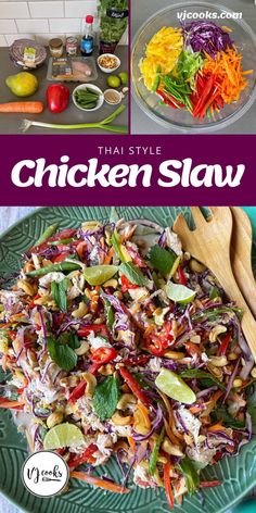 thai style chicken slaw on a green plate