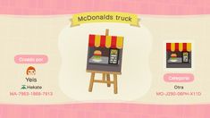 an animal crossing game showing mcdonald's truck on the screen and other items for sale