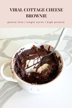 This healthy single-serve cottage cheese brownie is gluten free, keto, low sugar, and high protein. It's an easy healthy dessert. In a small white dish there is a rich dark chocolate brownie with a lava cake, gooey, fudgey texture. Chocolate chunks lay on top that have melted into the brownie. A white dollop of whipped cream and chocolate drizzle is on top of everything. A spoonful of the brownie is shown to show the soft gooey texture and melting chocolate. Gluten Free Brownie Dessert, 100 Calorie Brownie, Cottage Dessert Ideas, Protein Rich Desserts Low Carb, Chocolate Cottage Cheese Dessert, Simple One Person Dessert, High Protein Cottage Cheese Brownies, Protein Brownie Mug Cake, Cottage Cheese Lava Brownie