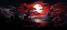 an image of a full moon in the night sky with red clouds and trees on it