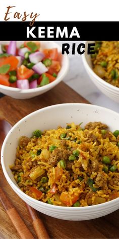 two white bowls filled with rice and vegetables