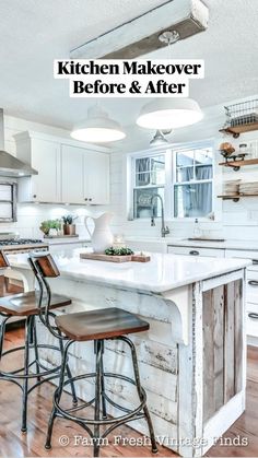 two stools sit at the center of an island in a kitchen with white cabinets