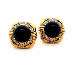 Gorgeous Ivan & Co Vintage 18K Yellow Gold Onyx Diamond 0.70ct Clip On Earrings A perfect gift for your loved one for any occasion or holiday!  Total Diamond: 0.70ct Total Earrings Weight: 40.34g Clip On Length: 27.95mm Clip On Width: 29.87mm Gemstone: Diamond and Onyx  Item will be placed in a gift box. * Luxury Black Diamond Earrings For Formal Occasions, Luxury Hallmarked Diamond Earrings For Formal Occasions, Classic Polished Diamond Earrings For Evening, Black Diamond Earrings With Accents For Formal Events, Black Diamond Earrings With Accents For Formal Occasions, Luxury Polished Diamond Earrings For Anniversary, Classic Black Diamond Earrings For Formal Occasions, Luxury Diamond Gemstone Earrings For Formal Occasions, Luxury Diamond Earrings For Anniversary With Polished Finish