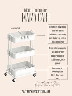 a white cart with three shelves labeled in the top and bottom, along with text describing what to put on your mamma cart