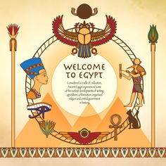 welcome to egypt with egyptian symbols and an eagle in the sky, on a beige background