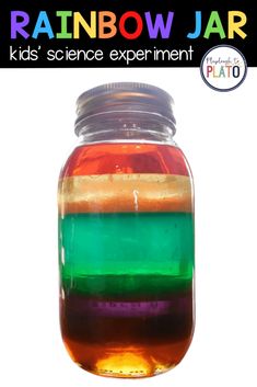 a jar filled with liquid and rainbows on top of it, next to the words rainbow