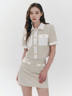 This is a refined and trendy set up by marieclaire that is made out of high quality and sturdy material. With distinctive mood of the design and comfortable wear, you can style it for your casual daily outfit.- Color point on collar, sleeve, and pocket- Side zipper closure on the skirt- Modern and feminine mood Chic Fitted Tops With Buttoned Pockets, Elegant Beige Tops With Pockets, Future Outfit, Korean Outfits, Marie Claire, Daily Outfits, Season 1, Side Zipper, Dream Closet