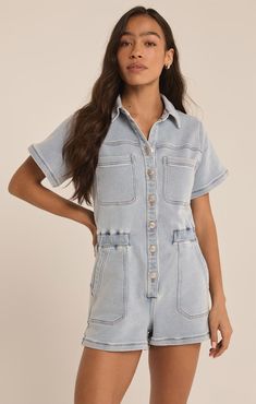 Elias Denim Romper – Z SUPPLY Knit Denim, Skirt Jumpsuit, Denim Romper, Knitted Romper, Skirt Leggings, Summer Wardrobe, Jacket Tops, Chest Pocket, Tank Shirt