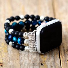 Blue Tiger Eye Stone, Beaded Watches, Apple Watch Bracelets, Bracelet Apple Watch, Blue Tiger, Blue Tigers Eye, Stretch Band, Black Onyx Stone, Watch Bracelet