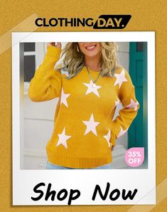 Star Pattern Round Neck Sweater Long Sleeve Star Print Sweater For Fall, Long Sleeve Sweater With Star Print For Fall, Casual Fall Sweater With Star Print, Winter Outerwear With Star Patch And Long Sleeves, Winter Long Sleeve Outerwear With Star Patch, Round Neck Sweater, Round Neck Sweaters, Star Pattern, Color Pick