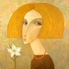 a painting of a woman with yellow hair holding a white flower in her right hand