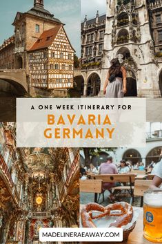 a collage of images with the words, a one - week itinerary for bavarian