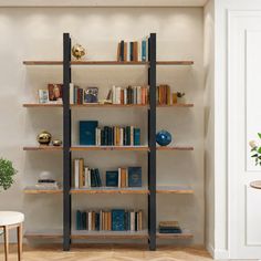 a living room filled with furniture and bookshelves next to a wall mounted tv