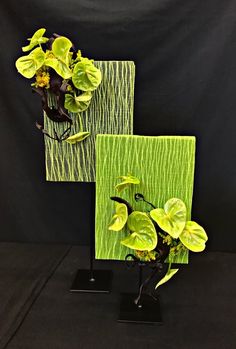 two vases with plants in them sitting on black stands next to each other,