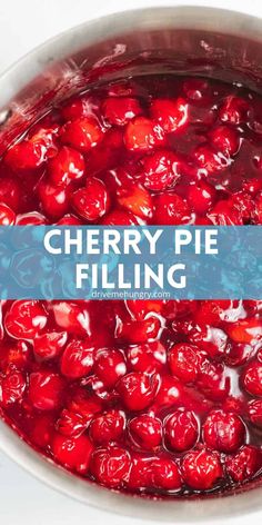 cherry pie filling in a pot with text overlay