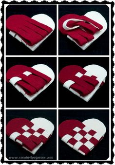 four pictures show how to make a heart shaped cake with red and white icing