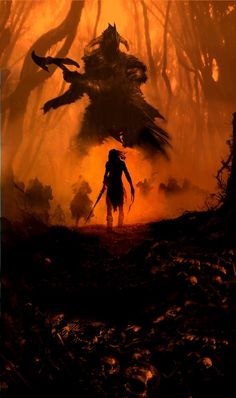 an image of a man walking through the woods in front of a giant monster that is coming out of the ground