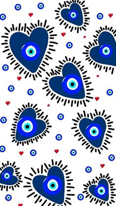 an image of blue hearts and eyeballs on a white background with red heart shapes