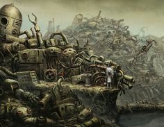 an image of a group of robots standing in front of a giant pile of junk