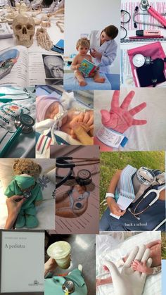 a collage of photos with various medical items and tools on them, including gloves, stethoscopes, an infant's hand