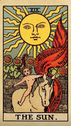 the sun tarot card with an image of a woman riding a horse